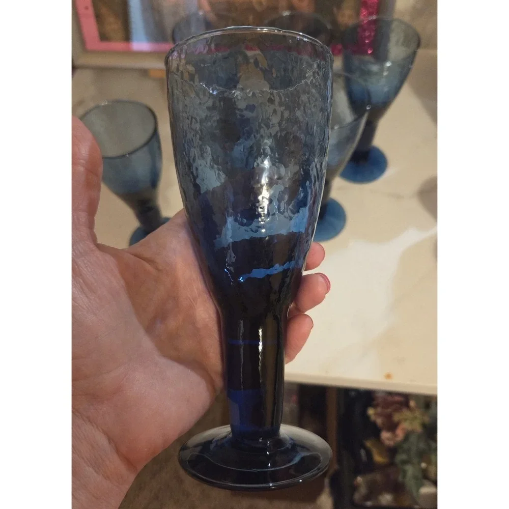 MEXICO GLASS BLUE HAMMERED GOBLETS WATER WINE STEMWARE SET 7